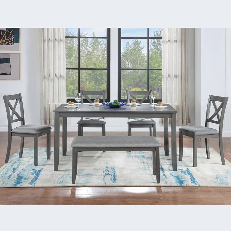 6 Pieces Dining Table Set, 6 Person Kitchen Table Chairs Set with Rectangular Table, 4 Upholstered Chairs and 1 Bench