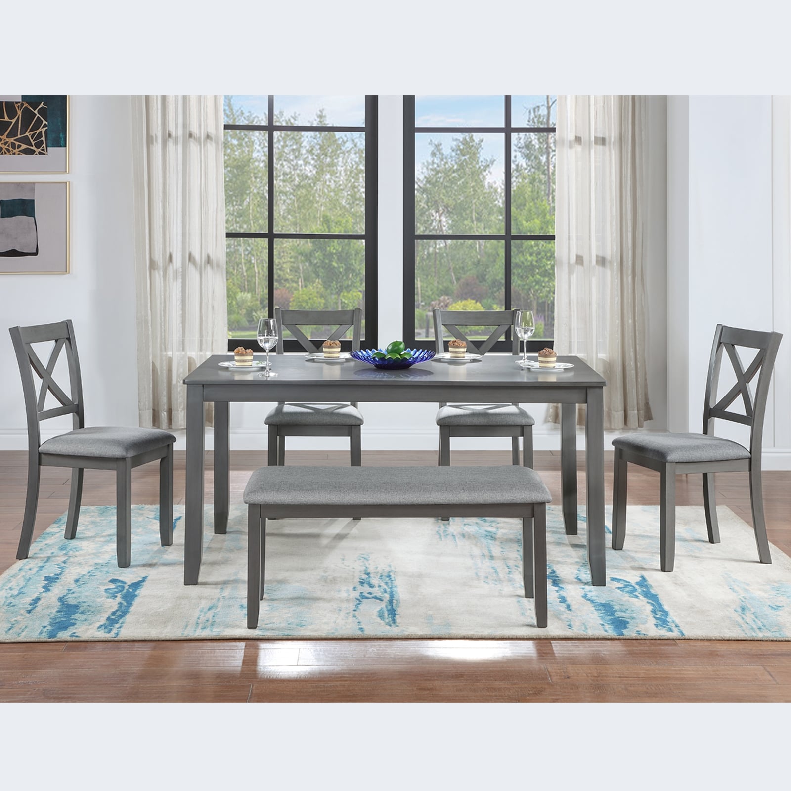 Rectangular Wooden Dining Table with 4 Upholstered Chairs and a Bench for Home Bar, 6 Piece Kitchen Dining Set