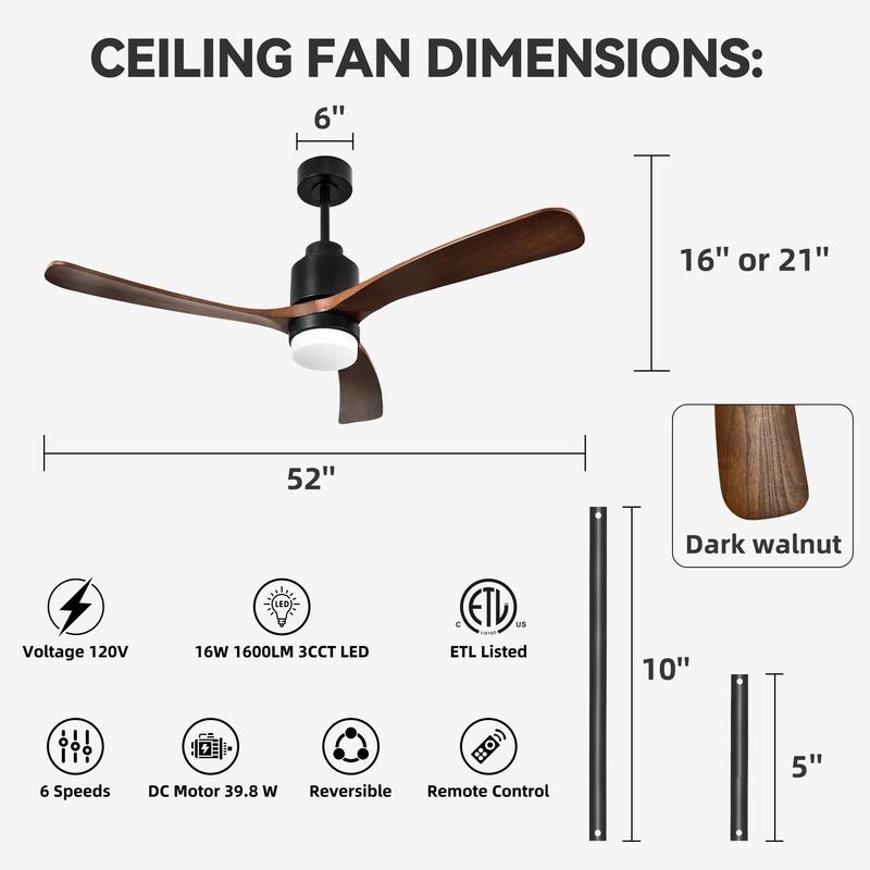 Matte Black 52 in. Integrated LED Indoor 3-Blade Ceiling Fan with Wood Blades, 6-Speed Remote Control