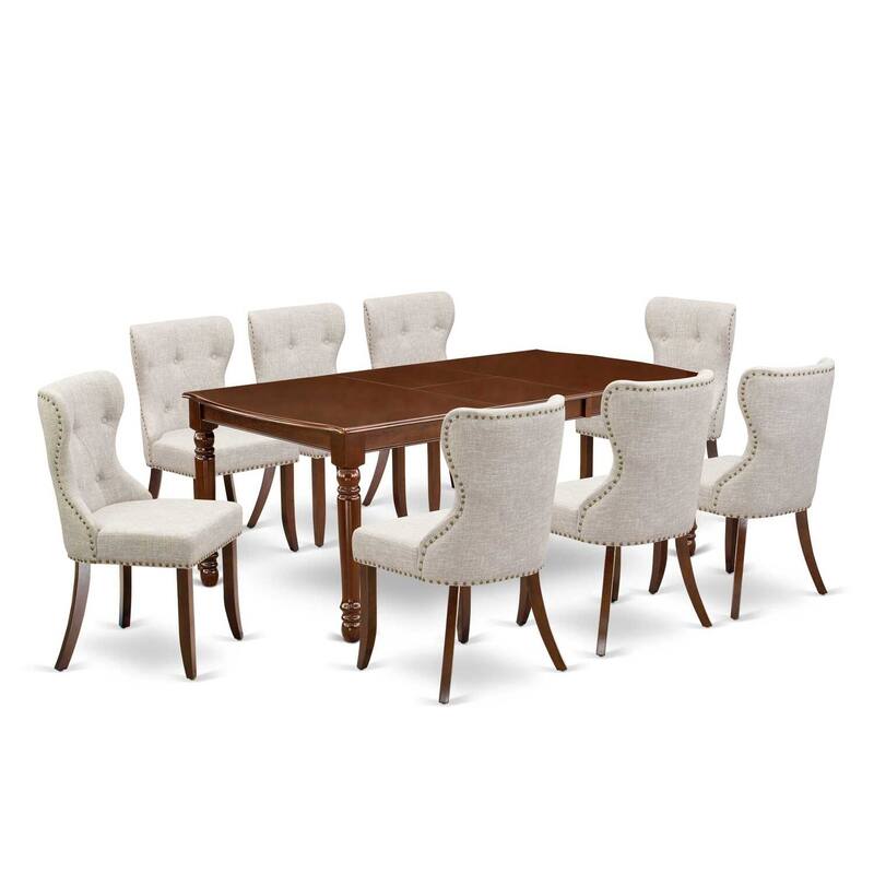 Rococo Dining Set - 8 Linen Fabric Chairs & Mahogany Table - 78