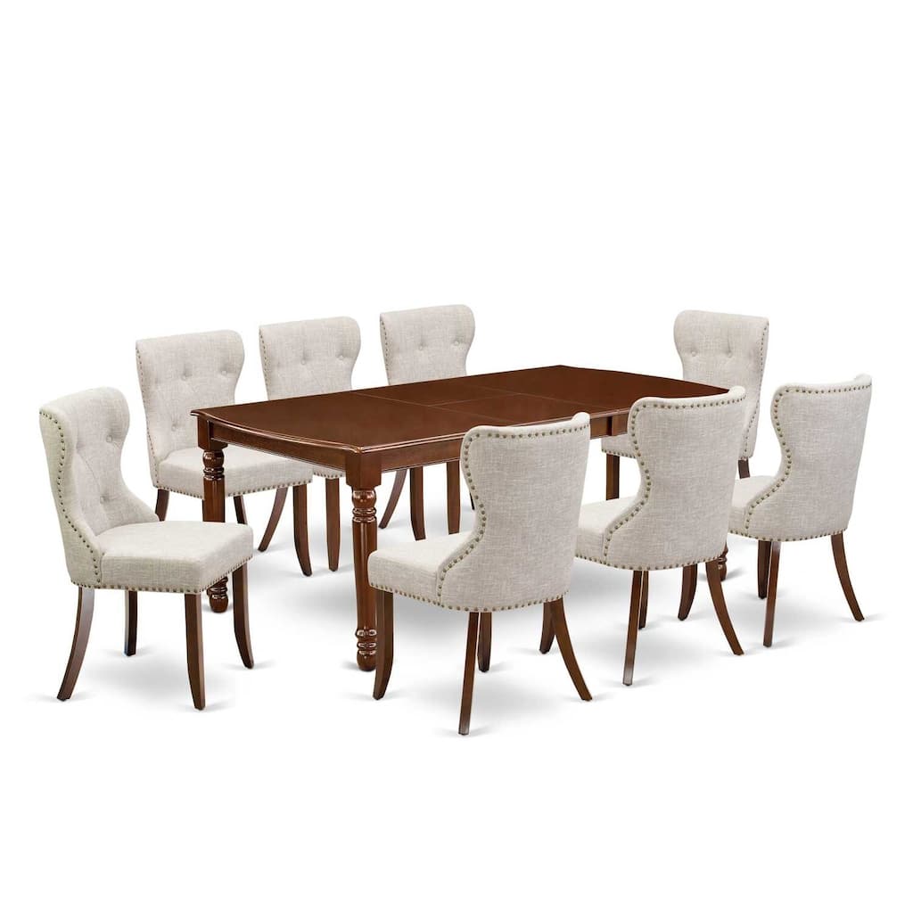 Rococo Dining Set - 8 Linen Fabric Chairs & Mahogany Table - 78