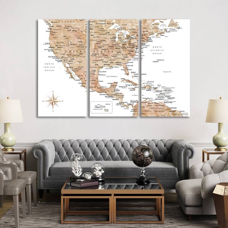 iCanvas "Map Of The Usa And The Caribbean Area In Brown Watercolor" by blursbyai 3-Piece Canvas Wall Art Set