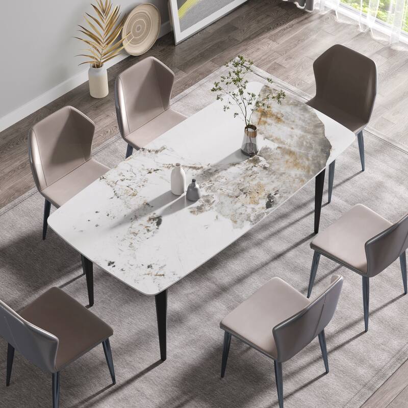 70.87"Modern artificial stone Pandora white curved black metal leg dining table-can accommodate 6-8 people