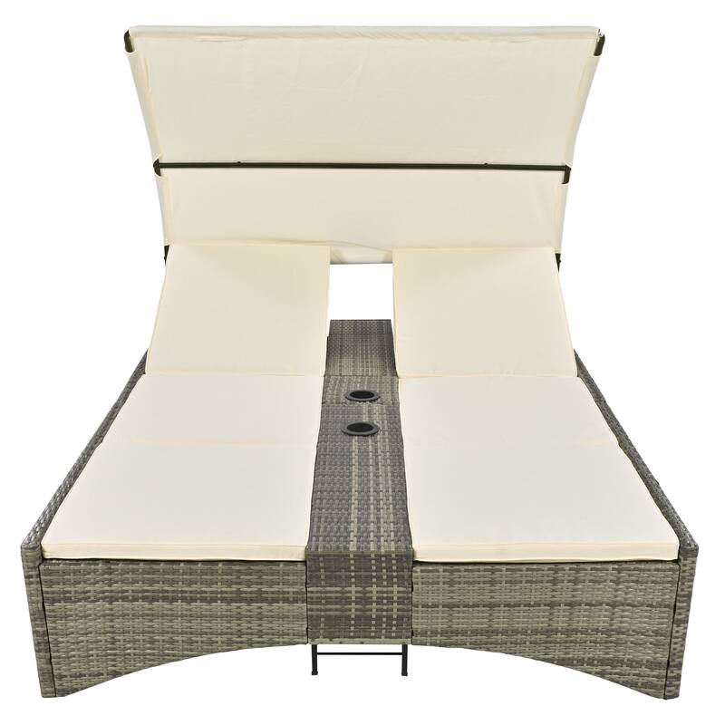 Outdoor Patio Rattan Daybed Sunbed with Canopy and Adjustable Backrest, Storage Box and 2 Cup Holders
