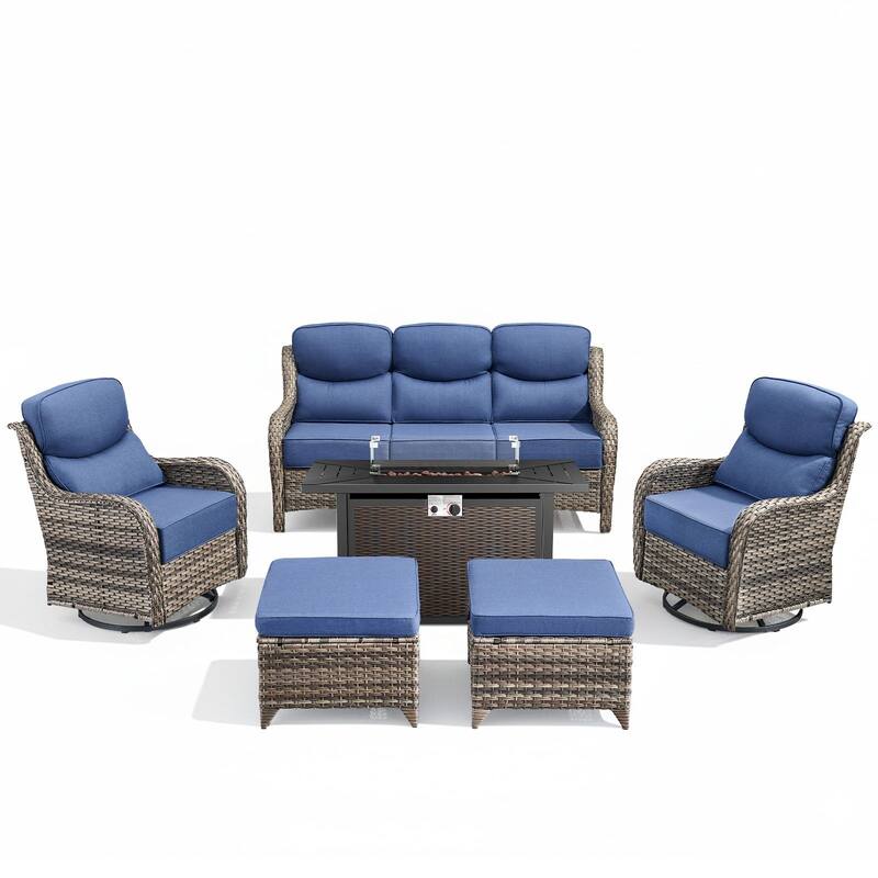 Arcadia 6-Piece PE Wicker Patio Seating Set with Durable All-Iron Fire Pit and 6-Inch Cushions