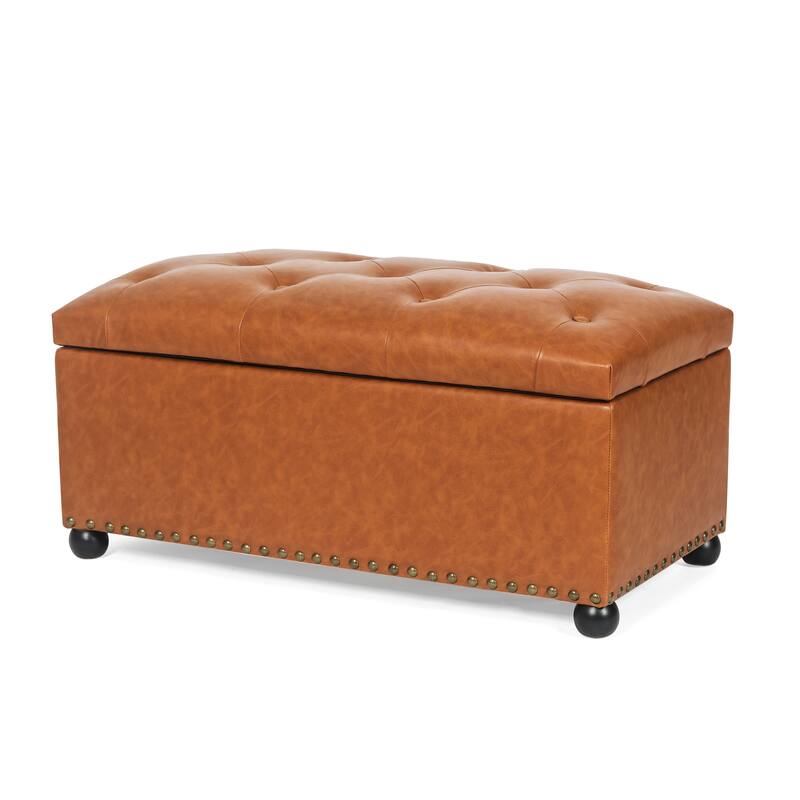 Adeco Rectangular Storage Ottoman Tufted Faux-Leather Bench Lifted Top