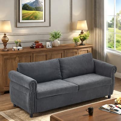 63" Polyester 3-Seater Sleeper Sofa with Pull-Out Mattress and Retro Rivet Armrests