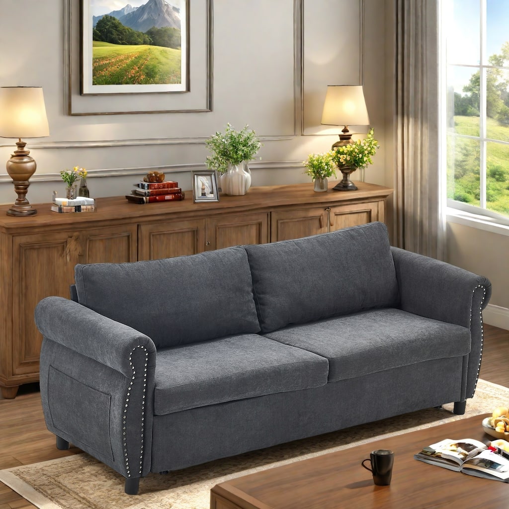 63" Polyester 3-Seater Sleeper Sofa with Pull-Out Mattress and Retro Rivet Armrests