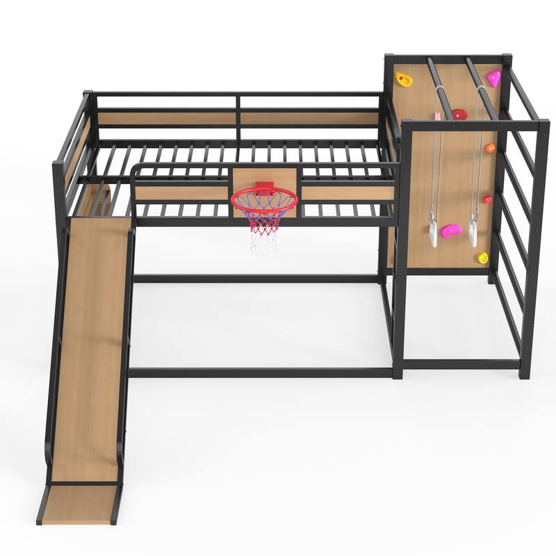 Full/Twin Metal Loft Bed with Basketball Hoop, Climbing Wall & Slide