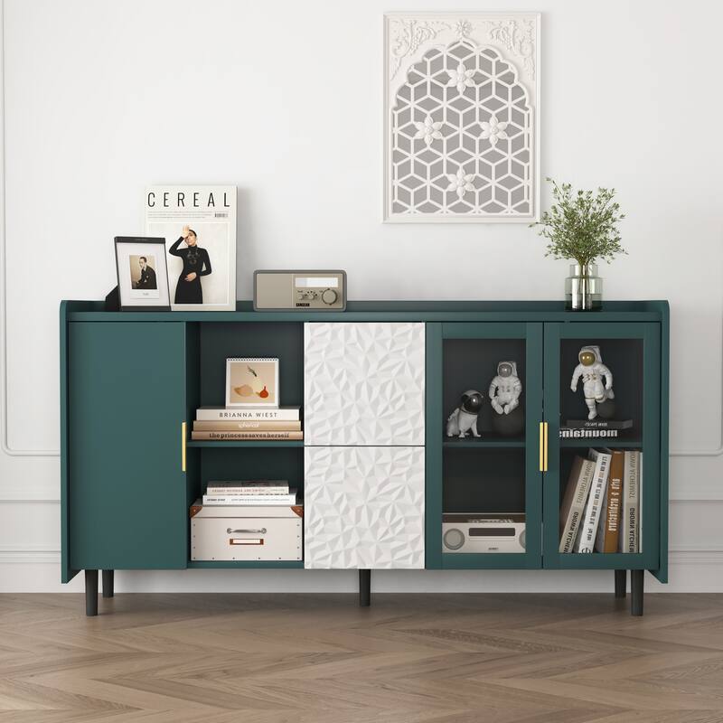 Kitchen Storage Cabinet Coffee Bar Cabinet Green Sideboard wGlass Doors, 2 Drawers Buffet Table TV Console Table Display Cabinet