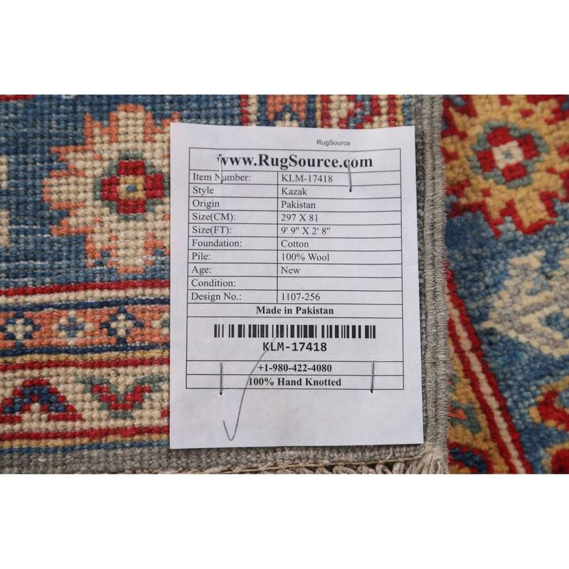 Traditional Geometric Kazak Oriental Grey Wool Runner Rug Hand-knotted - 2'8" x 9'9"