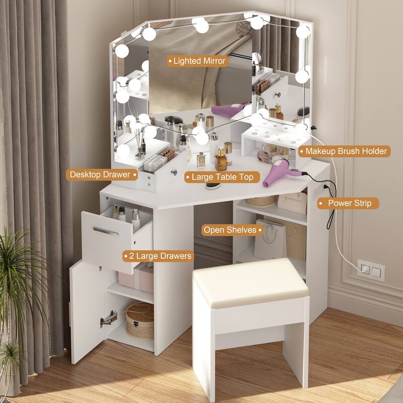 Corner Vanity Mirror with Lights and Table Set & Power Outlet