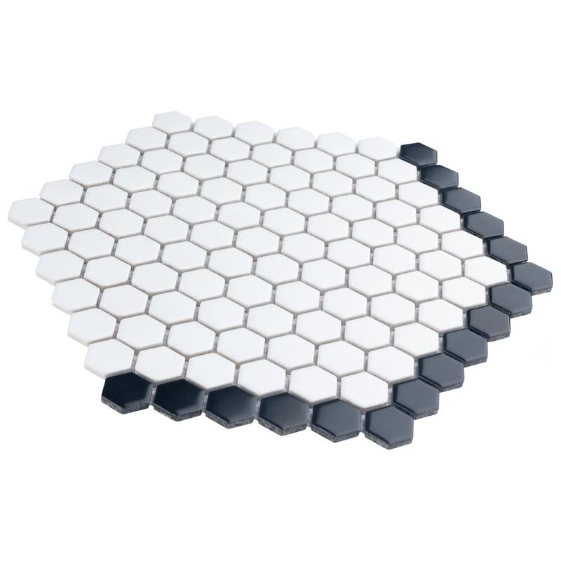 Merola Tile Metro Geo 1" Hex Matte White w/Black Edge 10-1/2" x 11-5/8" Porcelain Mosaic Floor and Wall Tile