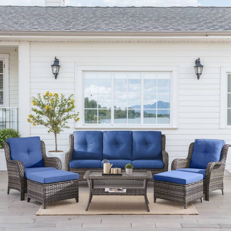 Outdoor Patio Chairs with Sofa Ottoman Table - Grey - Blue