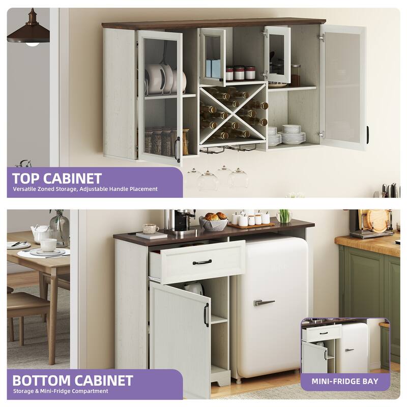 Moasis Kitchen Pantry Storage Cabinet with Mini Fridge Space Wall Mount Cabinet and Glass Doors for Organized Kitchen Storage