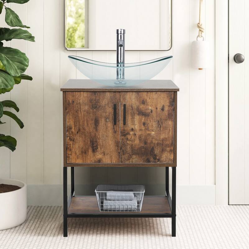 24" Bathroom Vanity Sink Set Brown Free-standing Manufactured Wood with Sink Faucet Drain Combo - glass clear boat sink