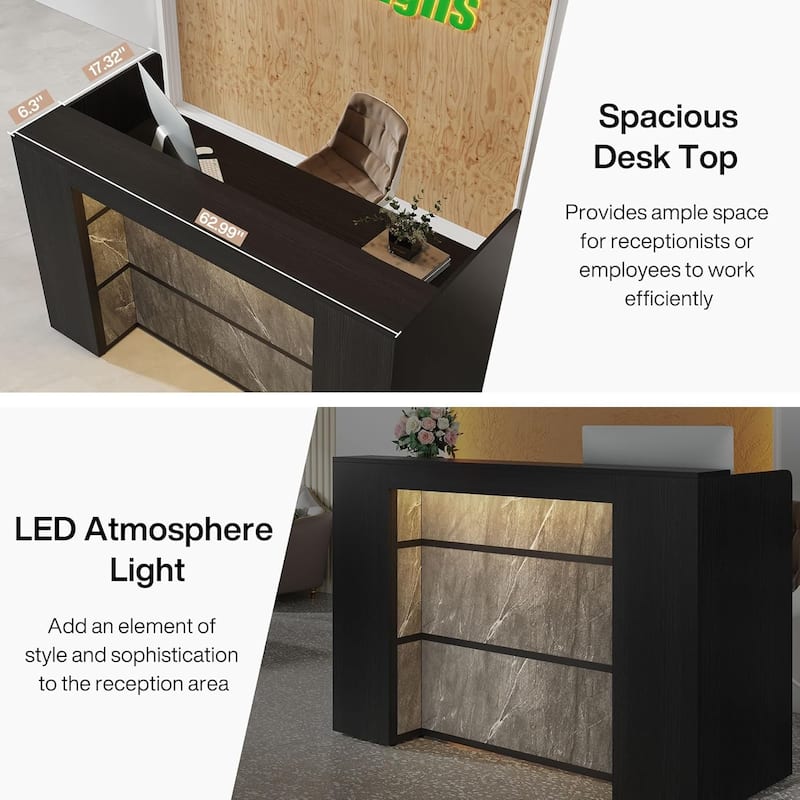63-Inch Reception Counter with LED Lights, Lectern Podium/Checkout Desk for Office, Lobby, Salon, Retail, Classroom