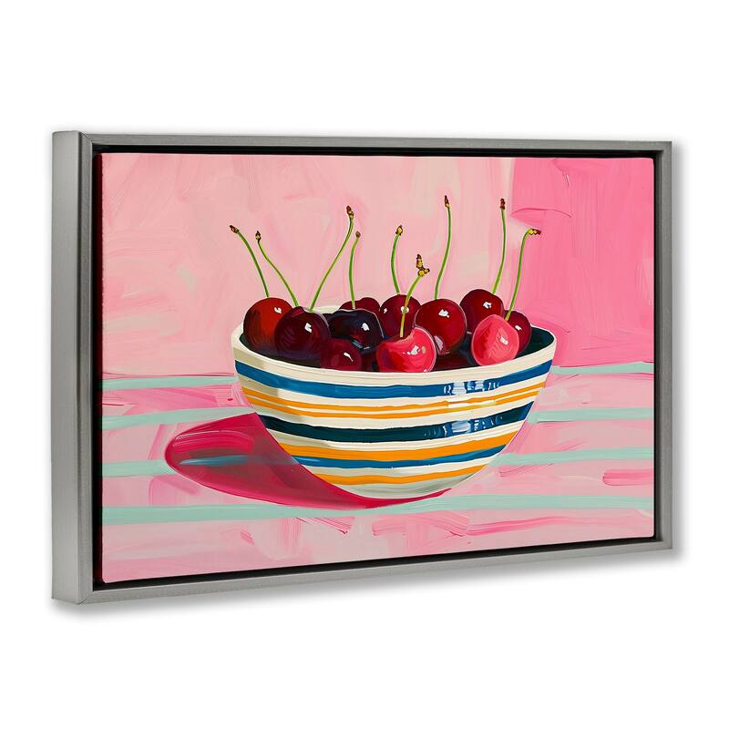 Stupell Bowl of Cherries on Pink Framed Floater Canvas Wall Art Design By Arlington Prints
