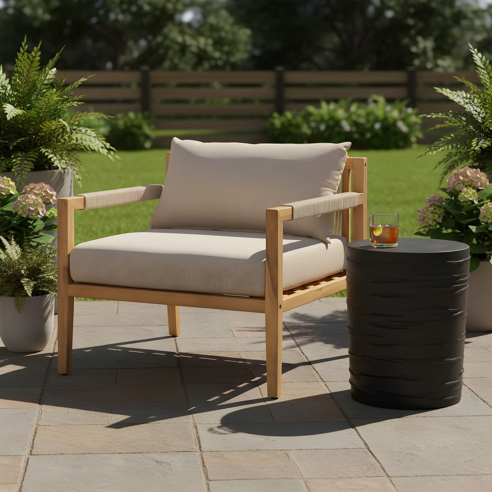 Christopher Knight Home - Modern Outdoor Solid Wood Rope Leisure Chair with Beige Cushion and Side Table