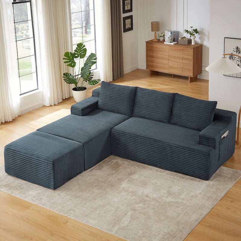 Corduroy Upholstery Cloud Modular Sectional Sofa with Chaise and Pillows, All-Foam Compression Design
