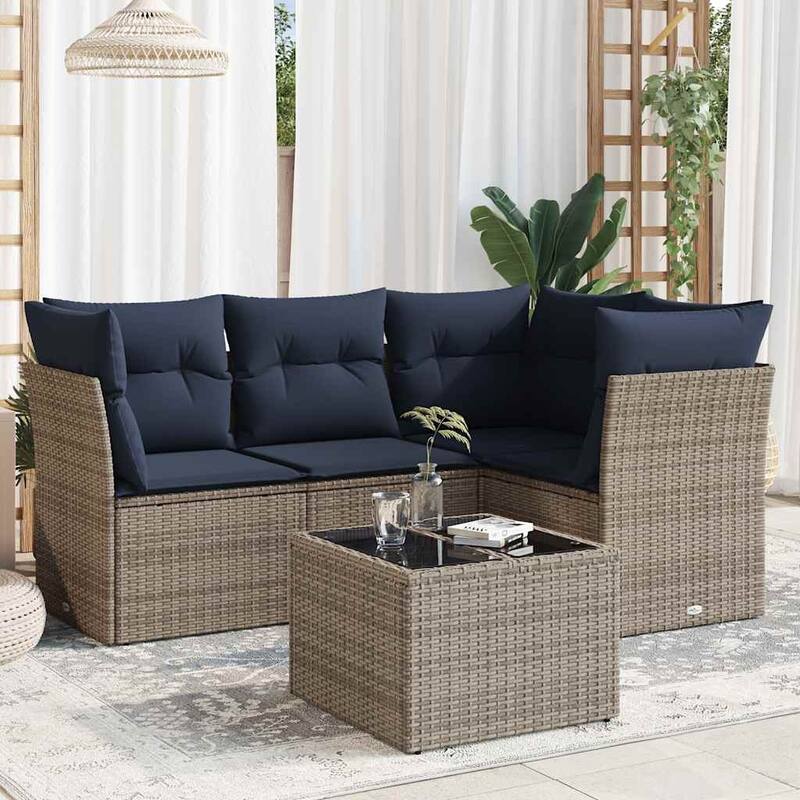 vidaXL 4/5 Piece Patio Sofa Set with Cushions Brown/Gray Poly Rattan - 24.4 x 24.4 x 27.2 - Beige and gray With table
