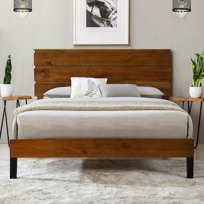 Roomfitters King/Queen/Full Size Mid-Century Modern Solid Wood Platform Bed Frame with 3-Piece Headboard Design, Brown