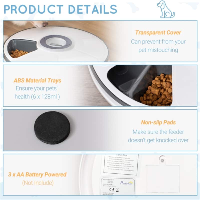 Cat Food Feeder Bowl with 6 Food Dispenser Trays and LED Display - 12" Dia x 2.75" H