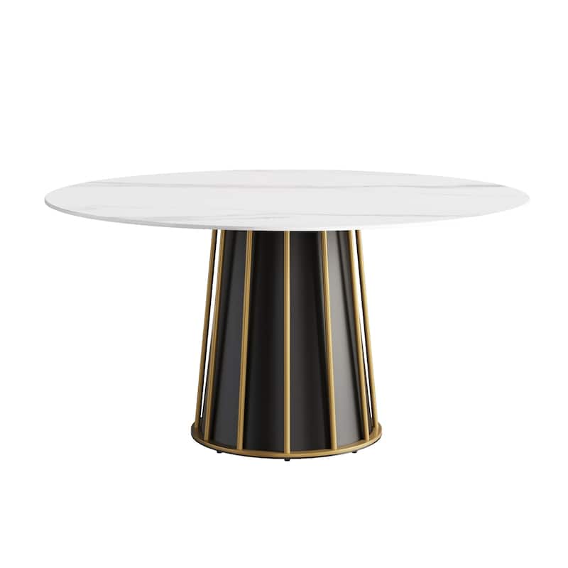 59'' White Round Dining Table with Lazy Susan, Sintered Stone Tabletop - N/A