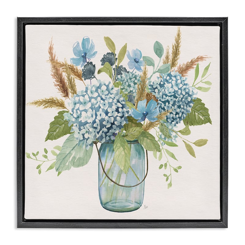 Stupell Hydrangea in Mason Jar Framed Floater Canvas Wall Art Design By Nan - 18 x 18 - Black