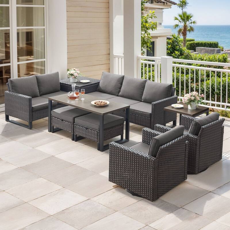Gymojoy 7-9 Person All-Weather Wicker Outdoor Conversation Set Seating Group With Swivel Chairs And Coffee Table