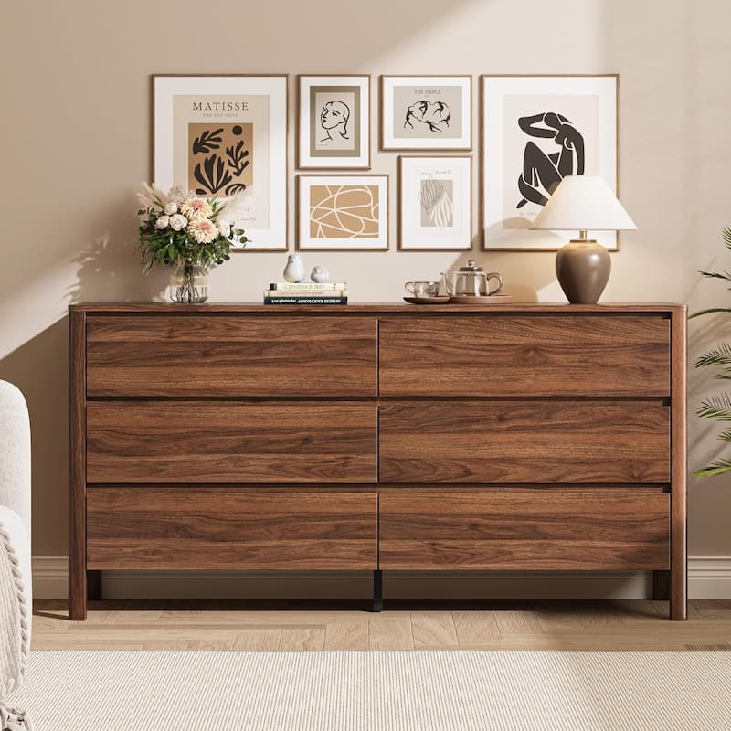 FURNIWAY Walnut Drawer Tall Dresser, Modern Chest with Hidden Handles, Storage Organizer