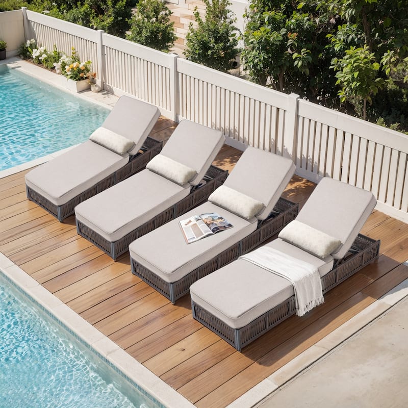 Pocassy Outdoor Lounge Chairs, Pool Lounge Chairs with Adjustable Backrest - 4-Piece Brown Wicker Beige Cushion