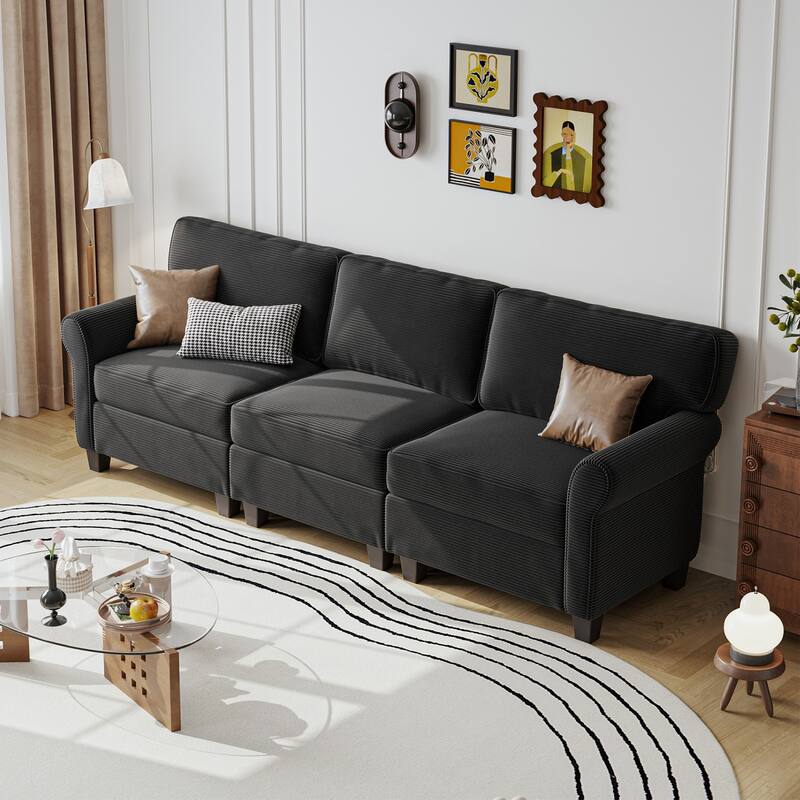 94.49" Corduroy Fabric 3-Seater Sectional Sofa - Black