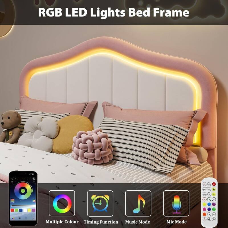 Twin Upholstered Platform Bed Frame with LED Lights & Storage Drawer, Easy Assembly