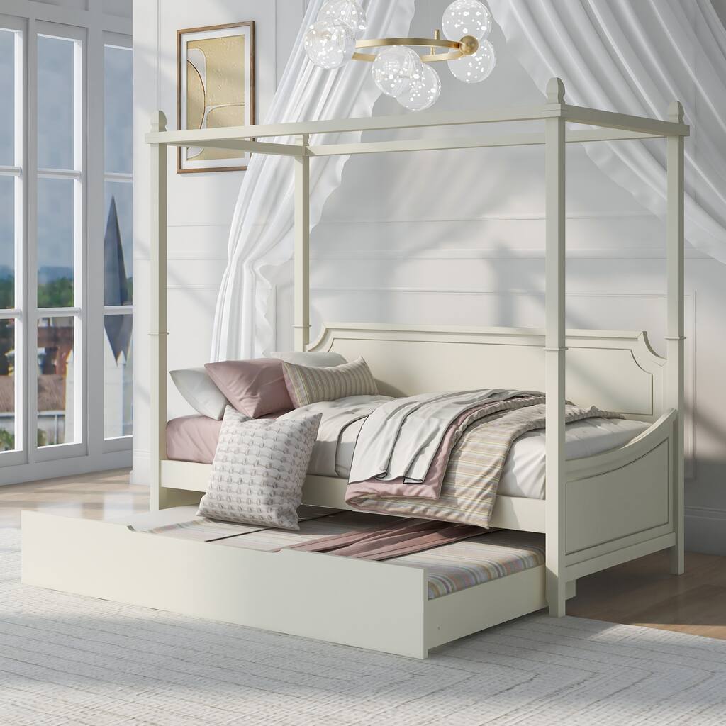 Wood Twin Size Canopy Bed, Daybed with Trundle, Rollers