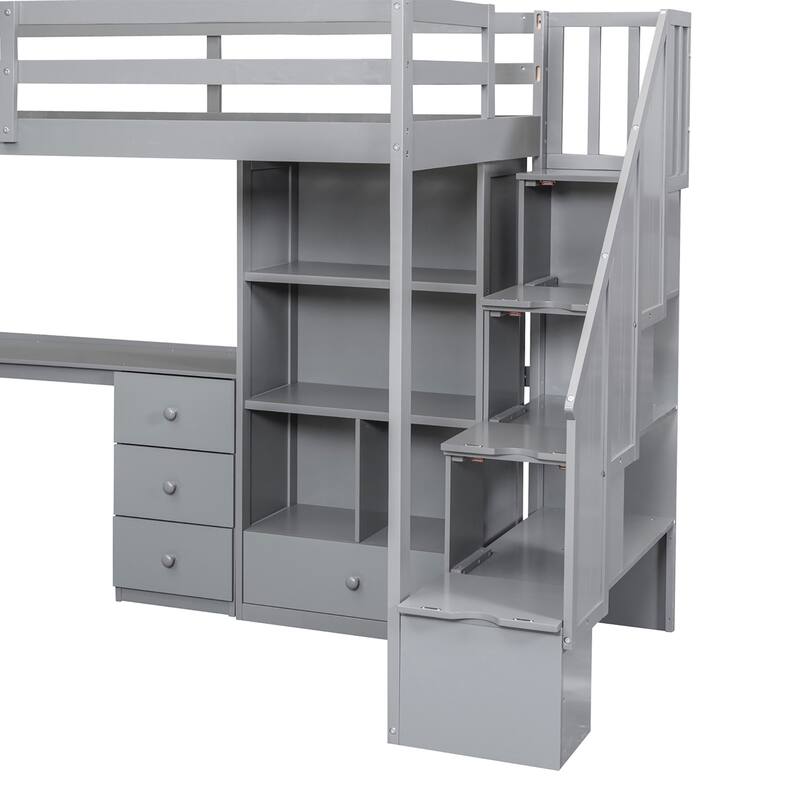 Twin/Full Loft Bed with L-Shaped Desk and Storage Staircase, Multi-Functional Solid Wood Loft Bed Frame with Drawers & Bookcase