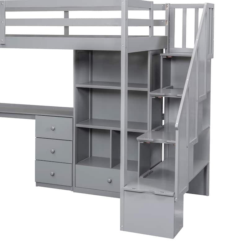 Twin Size Loft Bed with L-Shaped Desk, 3 Drawers, Cabinet & Storage Staircase, Full-Length Guardrail for Top Bunk