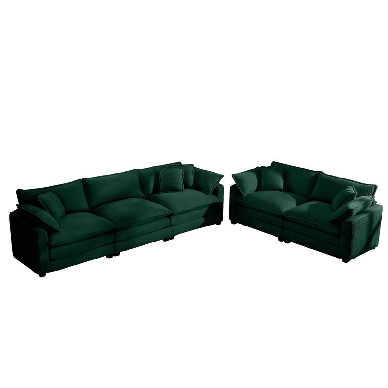 Corduroy Fabric Deep Seat Sofas Set with Throw Pillows, 3+2 Seater Flexible Combinations Sofa with Removable Armrests