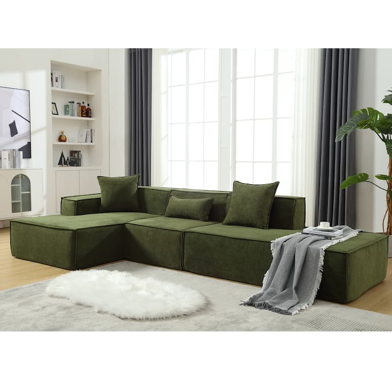 Green 129.5'' L-Shaped 4-Seater Modular Sofa Set with Chaise in Soft Terrycloth Fabric