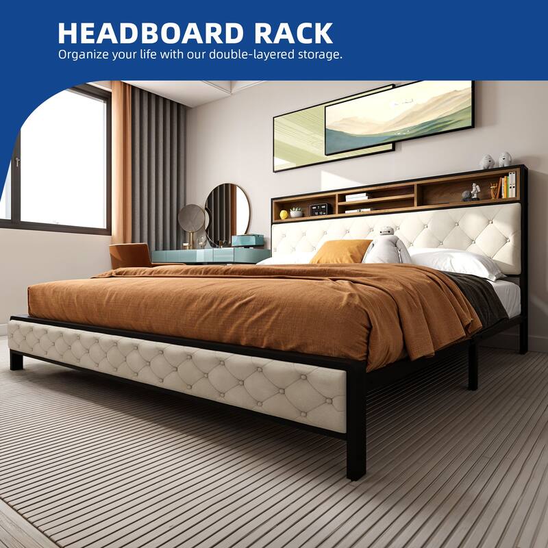 Modern King Upholstered Storage Bed With USB Power pad