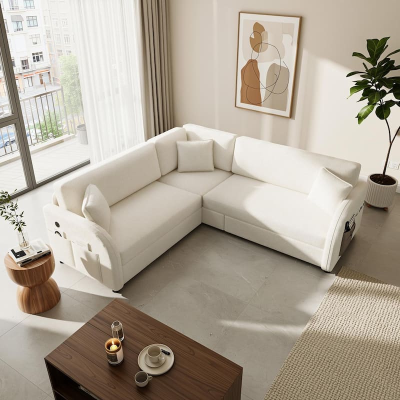 Homy Casa 85"/115" L-Shaped Sectional Sofa Bed USB & Side Pocket, Teddy Fabric Pull-Out Sleeper, Reversible Chaise, Multi Colors