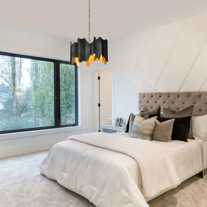 Modern 4-Light Drum Black Gold Chandelier for Dining Room Bedroom - 18.9" Dia. x 12.6" H