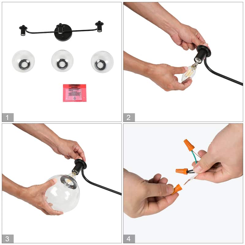 Mid-Century Modern 3-Light Black Gold Bathroom Vanity Light Globe Glass Wall Sconces