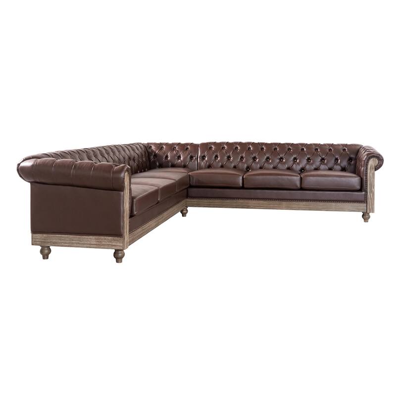 L-Shaped Sectional Sofa with Nailhead Trim & Wooden Legs, PU Leather Upholstered Sofa, Large Corner 6-Seater Sofa