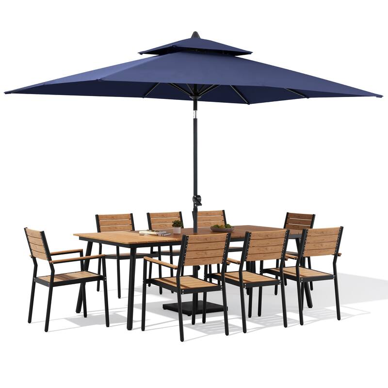 11-Piece Patio Dining Set w/10 ft Umbrella and Base, Rectangle Aluminum Table and 8 Stackable Chairs