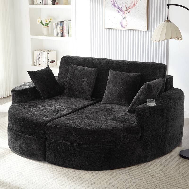 Roomfitters Curved Chaise Lounge Sofa 80" Upholstered Sofa Bed with Cup Holders, Modern Oversized Comfy Couch for Living Room - Black