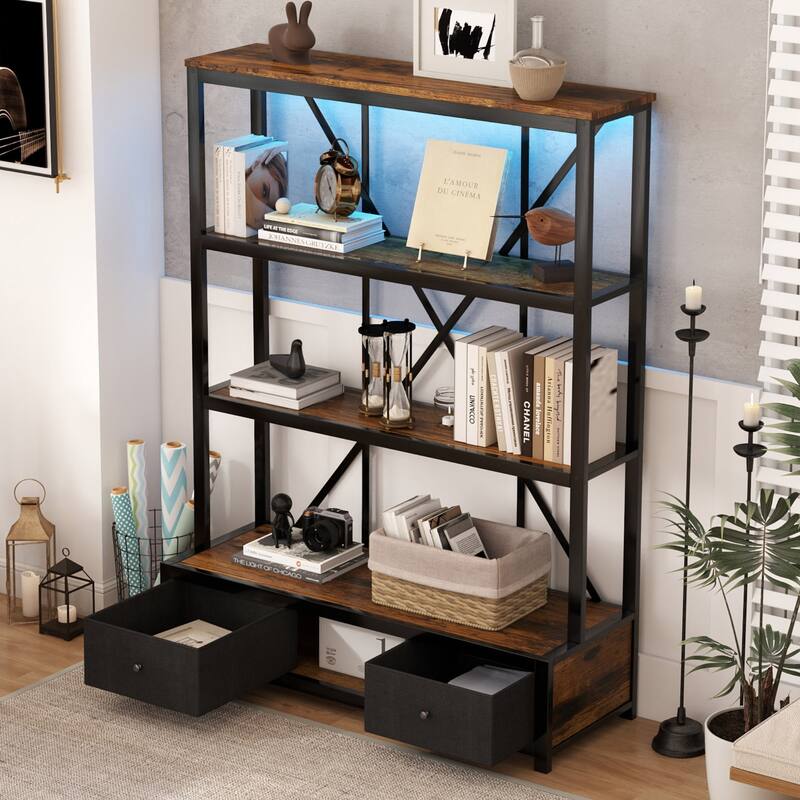 3-Shelf Metal Bookcase with Drawers for Home Office, Open Bookcase, Vintage Industrial Style Bookcase with LED - Vintage