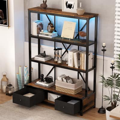 3-Shelf Metal Bookcase with Drawers for Home Office, Open Bookcase, Vintage Industrial Style Bookcase with LED