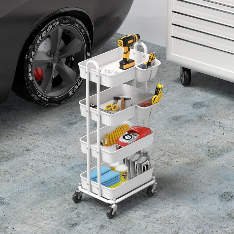 Heavy Duty 4-Tier Utility Rolling Cart - 12.25"D x 17"W x 37"H - White