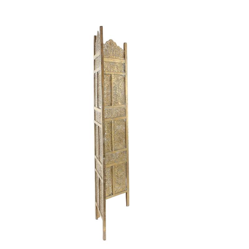 Wooden Floral Handmade Foldable 4 Panel Room Divider Screen with Foiled Intricately Carved Designs - Gold - Roche River Decor